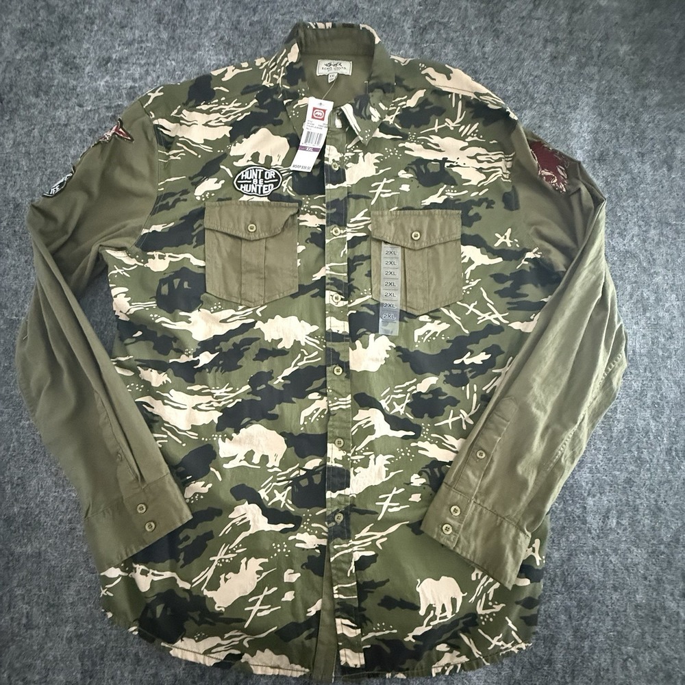 Ecko Unltd Camo Utility Shirt XXL Hunt Or Be Hunted Patch Button Up